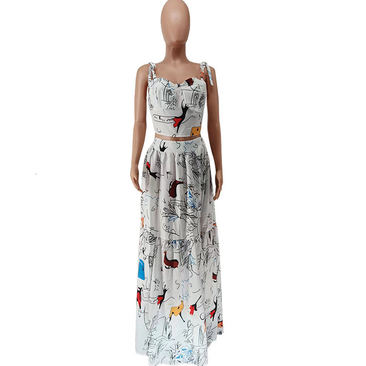 Casual Dresses CM YAYA Graffiti Print Women Big Swing Cape Ball Gown Maxi Long Skirt Suit and Crop Top Matching Two 2 Piece Set Chic Outfits 230105