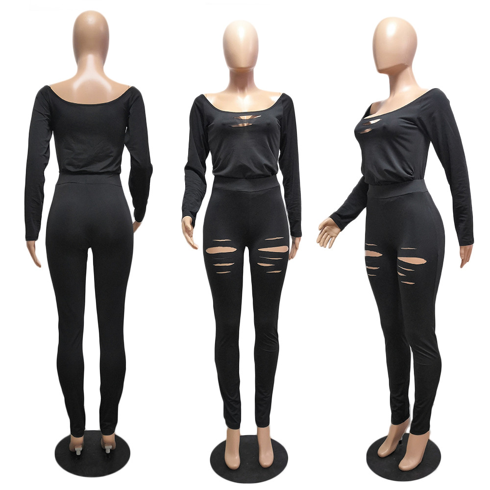 Designer Two Piece Sets Womens Tracksuits Spring Ripped Outfits Long Sleeve Pullover Sweatshirt Top and Holes Pants Casual Outwork Sportswear Wholesal
