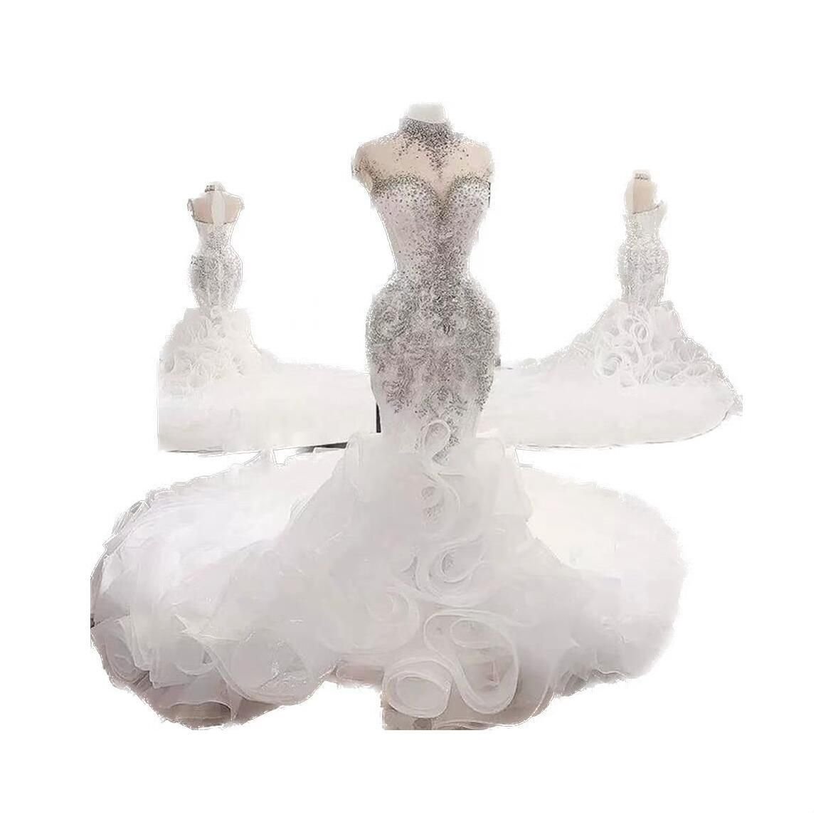 Plus Size Arabic Beaded Crystals Mermaid Wedding Dresses Aso Ebi urious High Neck Cascading Ruffles Skirts Chapel Train Bridal Party Wear Dress BC
