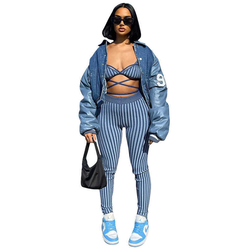 New 2024 summer new women's fashion striped bandage vest slim fit Leggings set