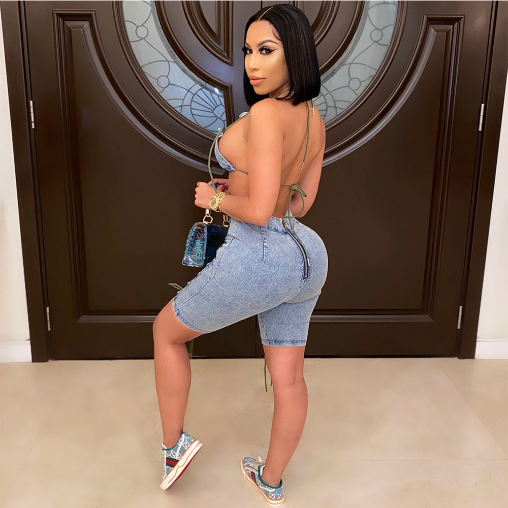 Designer Tracksuits Women Denim Two Piece Sets Spring Summer Clothes Sexy Bandage Bra Top and Short Pants Matching Sets Blue Jeans 2pcs suits 9229