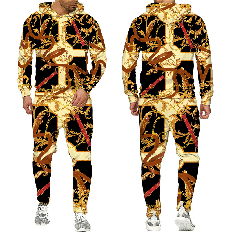 Men's Tracksuits Baroque Style 3D Printed Crown Golden Chain Hoodie/Pants/Suit Casual Men's Pullover Sweatshirt Trousers Sportswear Tracksui