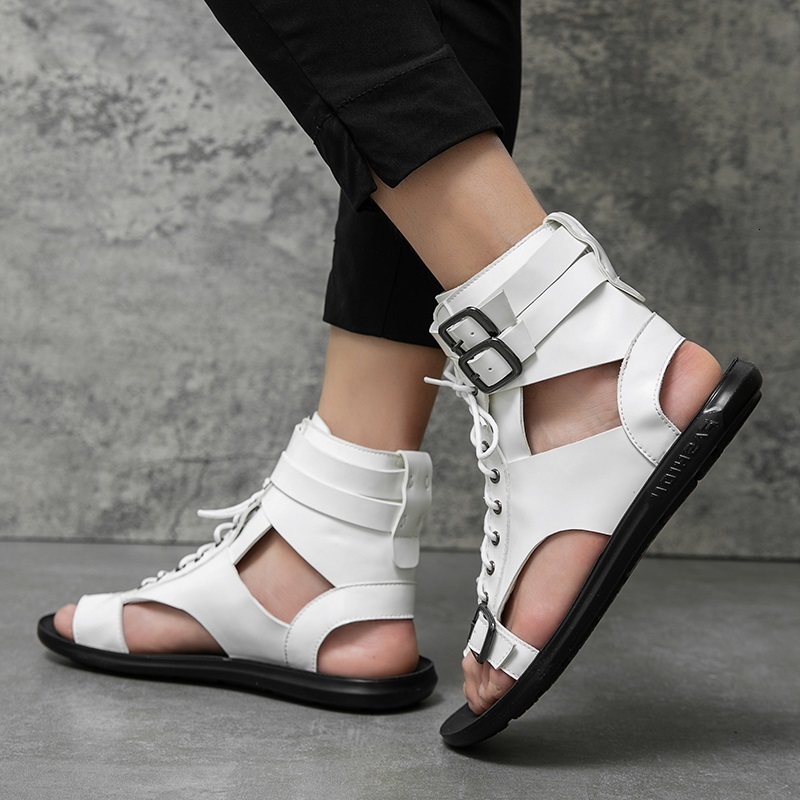Summer Sandals for Men - Breathable Leather Lace-up Buckle Gladiator Casual Beach Shoes, Black, White, Plus Size