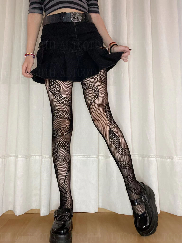 Socks Hosiery AltGoth Emo Alternative Snake Fishnet Stocking Women Punk Y2k 90s Streetwear Gothic Tight Sock Harajuku Nightclub Panty Hose 230206