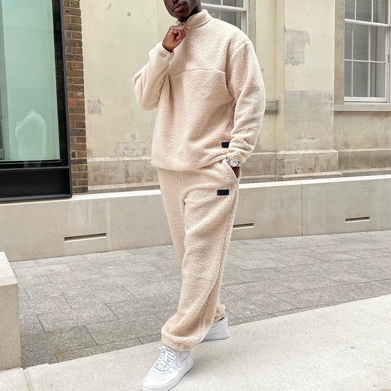 Men's Tracksuits Fleece Outfits Mens Clothing 2023 Spring Fashion Solid Two Piece Sets Long Sleeve Zip Stand Collar Tops And Pants Suits Men Wool