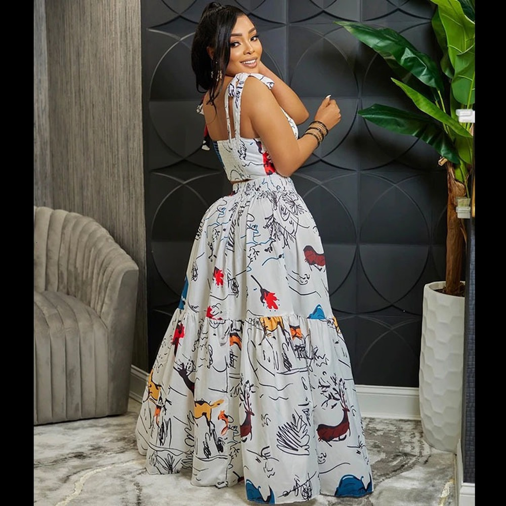 Casual Dresses CM YAYA Graffiti Print Women Big Swing Cape Ball Gown Maxi Long Skirt Suit and Crop Top Matching Two 2 Piece Set Chic Outfits 230105