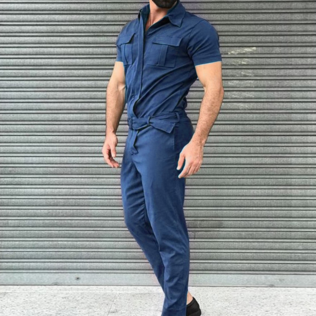 Men's Tracksuits Adisputent Cotton Blends Jumpsuit Mens Overalls Casual Notched Short Sleeve Rompers Solid Overall Zipper Romper Pocket Trousers 