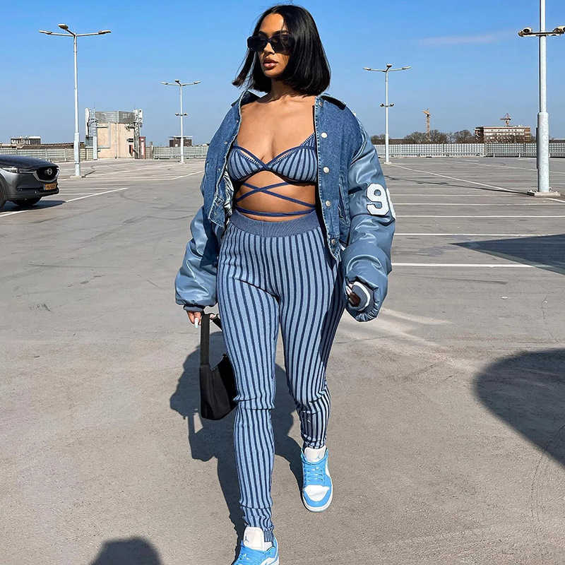 New 2024 summer new women's fashion striped bandage vest slim fit Leggings set