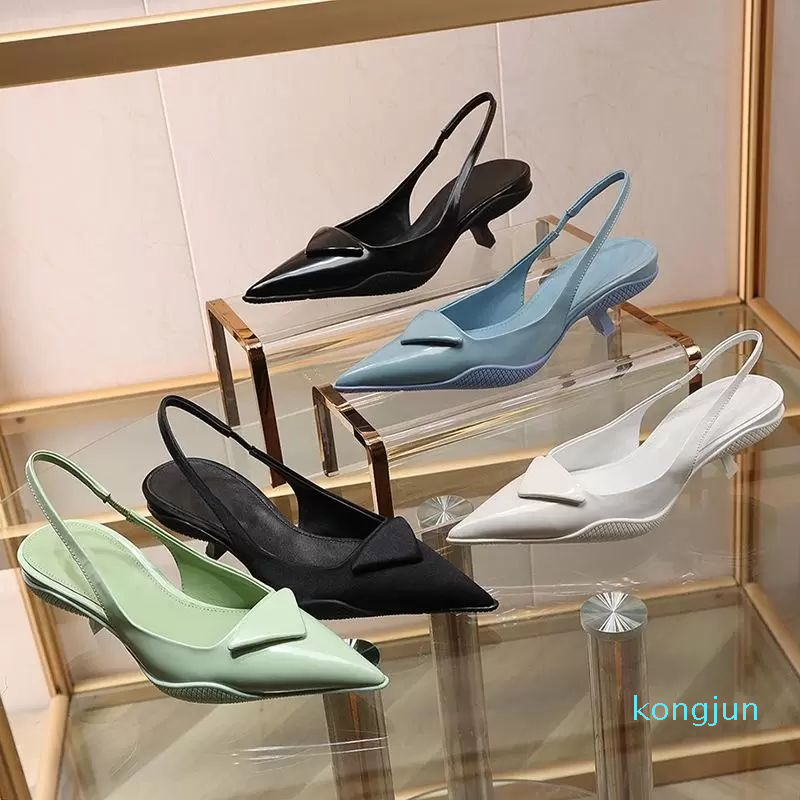 2023 Designer Sandals Pointed Toe Pumps Low Mid High Heel Slingback Slides Shoes P Triangle Kitten Heels Sandal Lady Women Green Black White Pink Blue Wedding Shoes