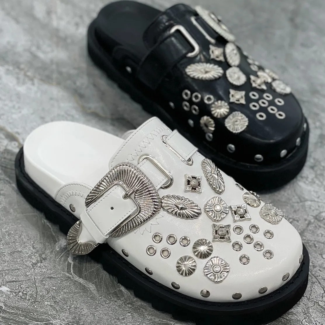 Women's Summer Platform Mules Black PU Leather Rivet Punk Rock Casual Slides with Metal Fittings - Outdoor 2024 dh911125171