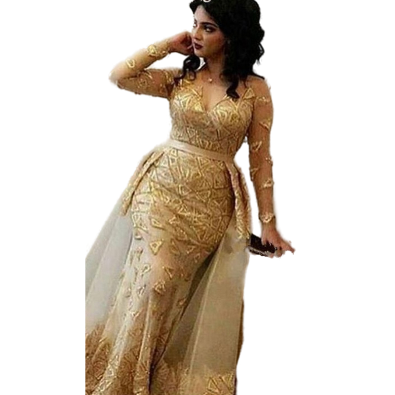 Elegant Arabic Dubai Kaftan Gold Mermaid Lace Evening Dresses V Neck Sheer Long Sleeve Detachable Skirt Abiye Aso Ebi Prom Party Dress For Women