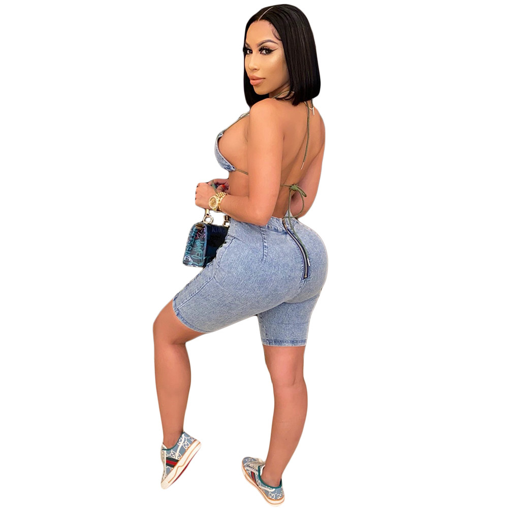 Designer Tracksuits Women Denim Two Piece Sets Spring Summer Clothes Sexy Bandage Bra Top and Short Pants Matching Sets Blue Jeans 2pcs suits 9229