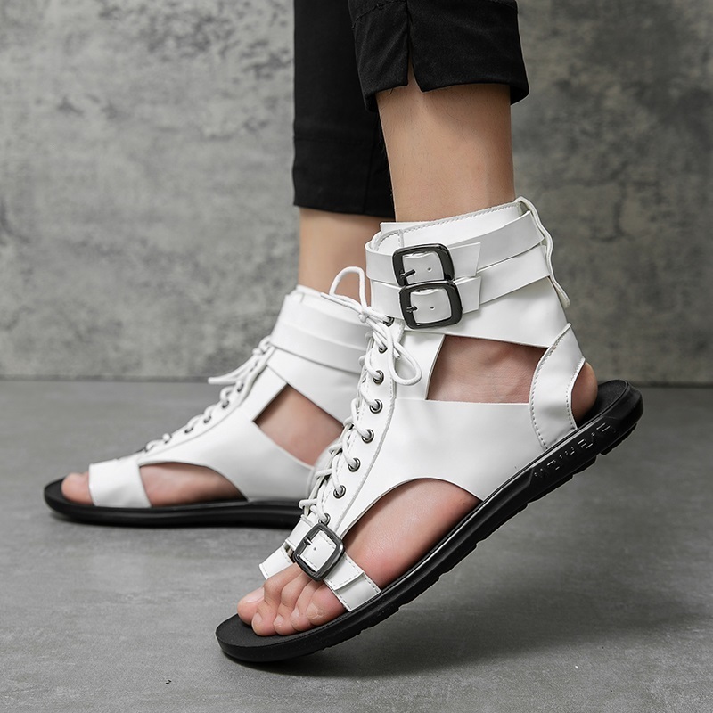 Summer Sandals for Men - Breathable Leather Lace-up Buckle Gladiator Casual Beach Shoes, Black, White, Plus Size
