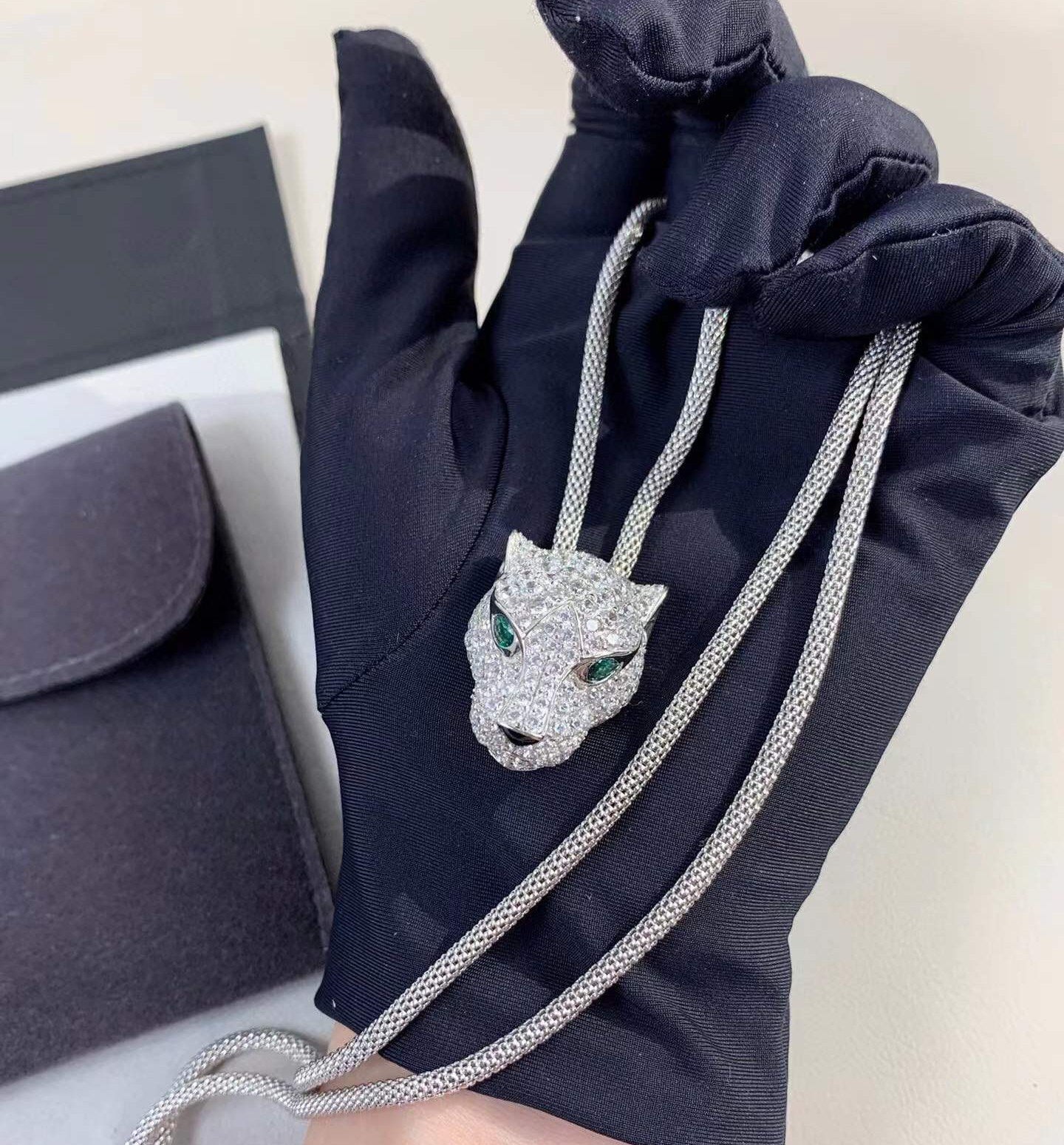 Hip Necklace Hop 1 Leopard Head Animal Style Choker with Green Cubic Zirconia Eyes for Party and Daily Wear Gift High Quality Texture