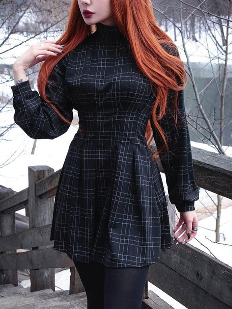 Casual Dresses AltGoth Dark Gothic Elegant Women Harajuku Vintage Y2k Emo Alt Plaid Corset Punk Mall Goth Aesthetic Fairyore 230206