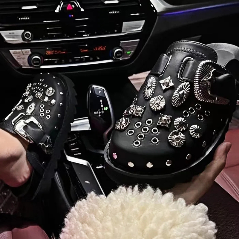 Women's Summer Platform Mules Black PU Leather Rivet Punk Rock Casual Slides with Metal Fittings - Outdoor 2024 dh911125171