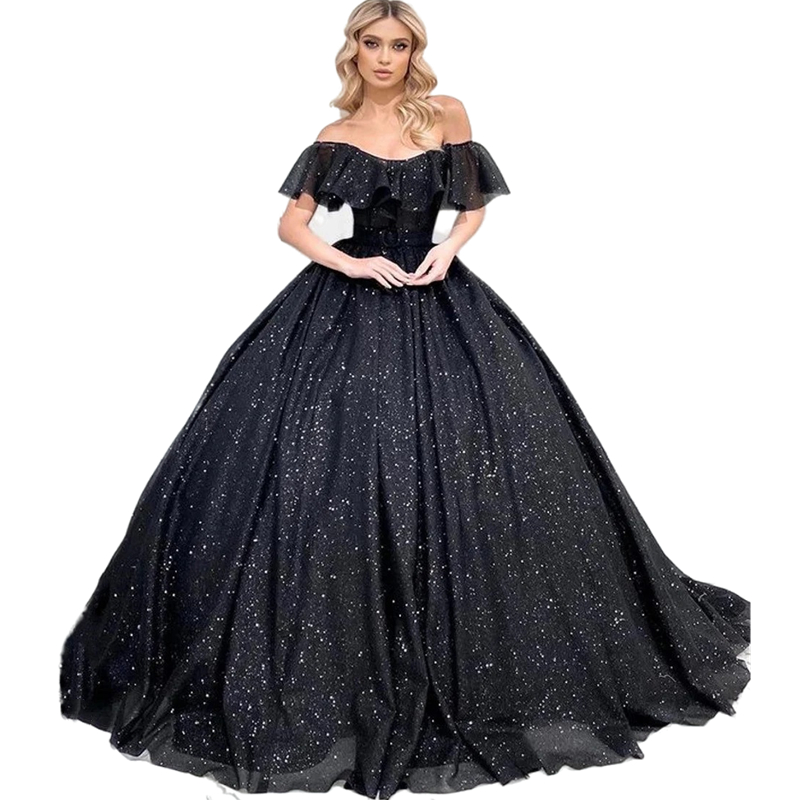 Gothic Glitter Black Ball Gown Wedding Dresses Sparkling Sequined Long Bride Wear Off Shoulder Short Puff Sleeves Corset Bridal Dress