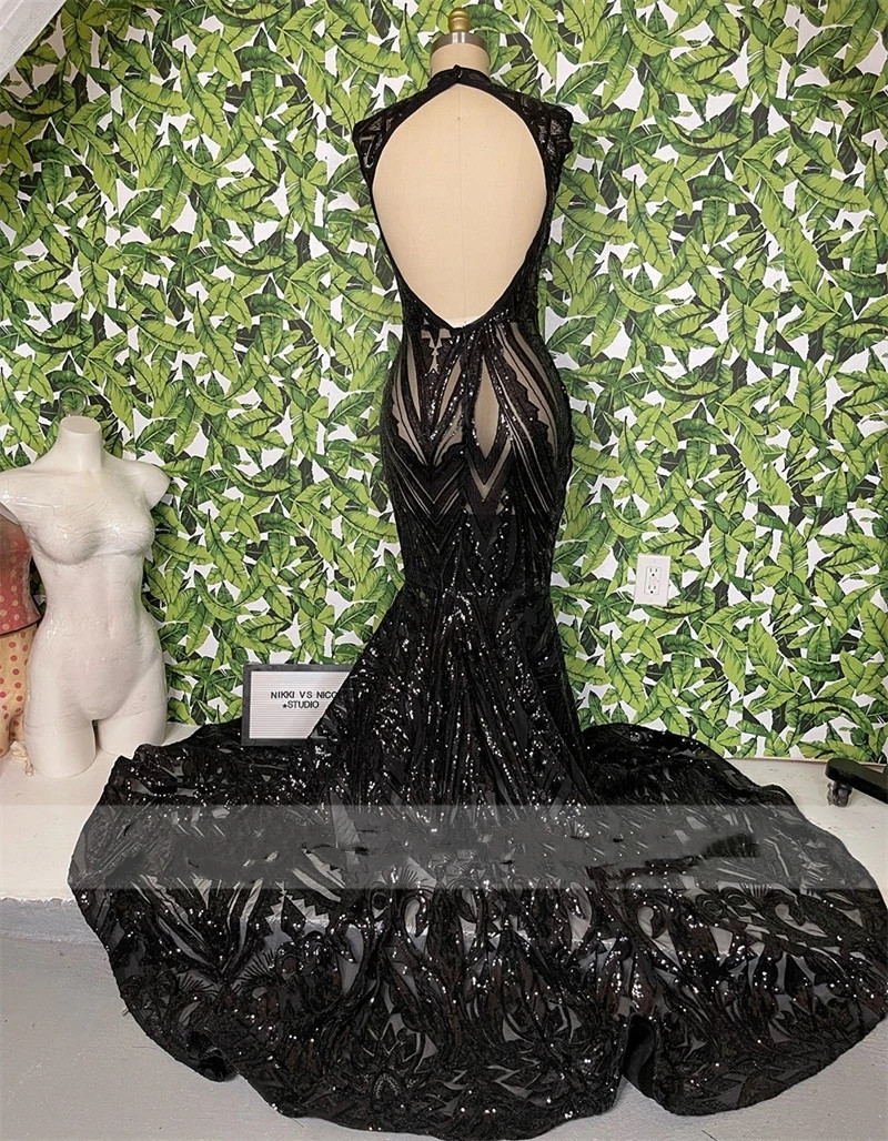 Black Sequins Mermaid Sparkly Long Prom Dresses 2023 Backless Crystals Birthday Party Reception Robe De Bal
