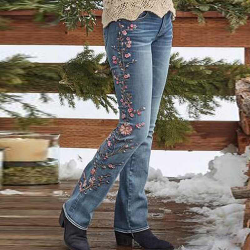Women's Jeans Embroidered High Waist Denim Pants Fashion Street Washed Loose Casual Blue Straight Mom's 230206