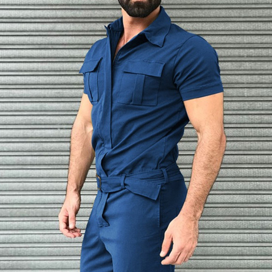 Men's Tracksuits Adisputent Cotton Blends Jumpsuit Mens Overalls Casual Notched Short Sleeve Rompers Solid Overall Zipper Romper Pocket Trousers 