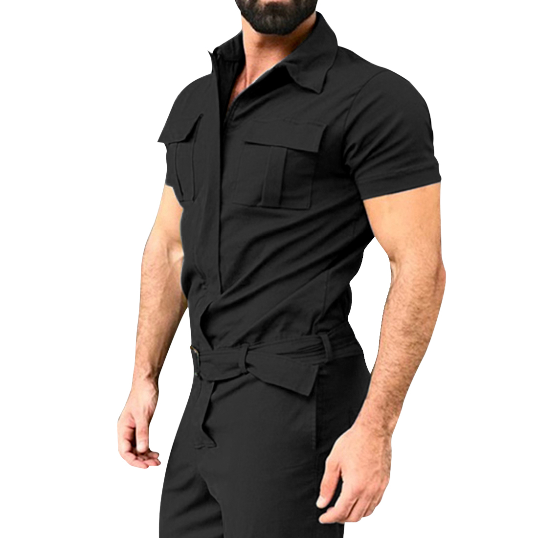 Men's Tracksuits Adisputent Cotton Blends Jumpsuit Mens Overalls Casual Notched Short Sleeve Rompers Solid Overall Zipper Romper Pocket Trousers 