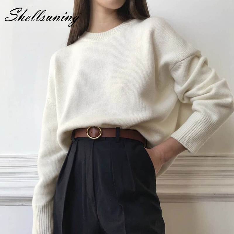 Women's Sweaters Shellsuning Leisure O Neck Solid Long Sleeve Sweater Women Loose Soft Cashmere Jumper Female Elegant Knitted Basic Pullovers 230