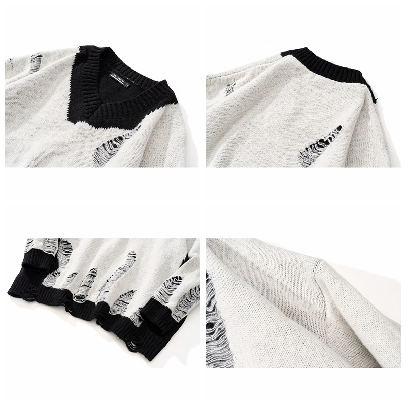 Men's Sweaters Black White Patchwork Pullovers Washed Destroyed Ripped Sweater Men Harajuku Hole Knit Jumpers for Women Oversized 230206