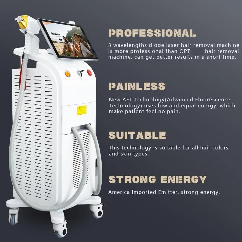 Alexandrite diode laser Hair reduction machine 755 808 1064nm diodo lazer Permanent Painless hair removal beauty Equipment with Big Spot size and Powe