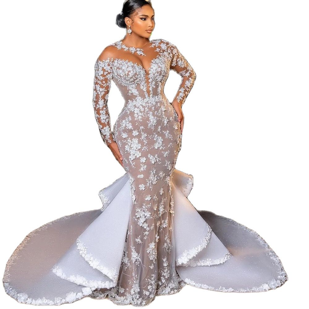 Illusion Mermaid Wedding Dress Tailored Lace Appliques Long Sleeve Bridal Gowns Ruffles Sweep Train Bride Dresses