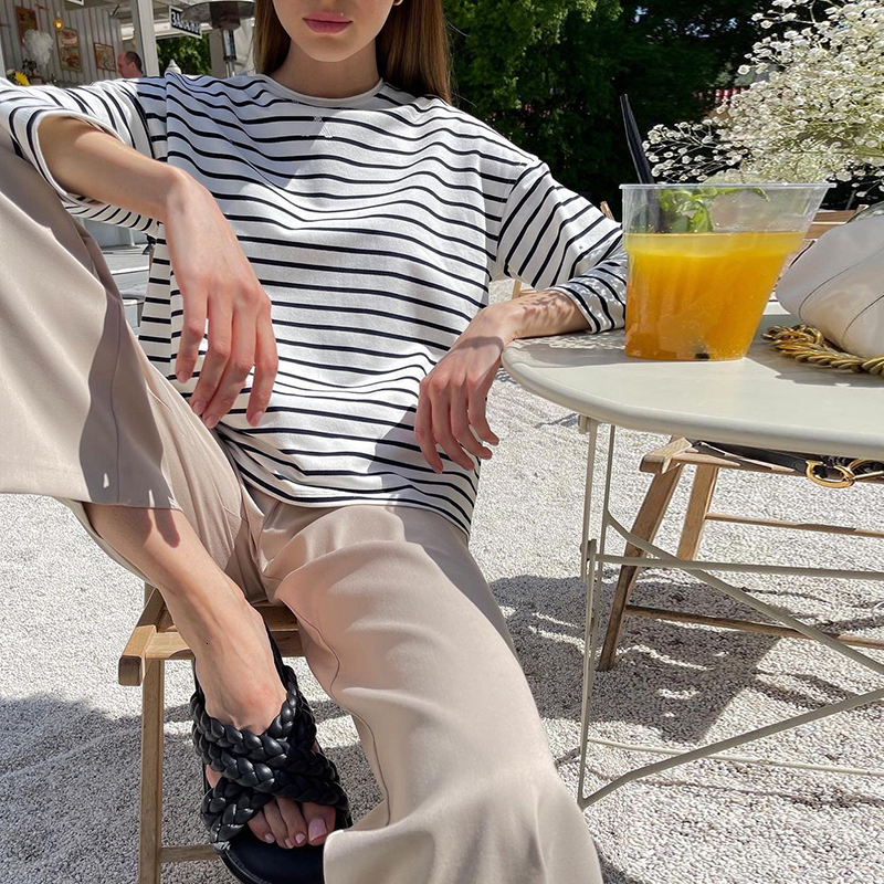 Women's TShirt WOTWOY Loose Long Sleeve Striped Tee Shirt Women 2023 Spring ONeck Casual Cotton Tshirt Female Basic Korean Tops Harajuku Goth 230