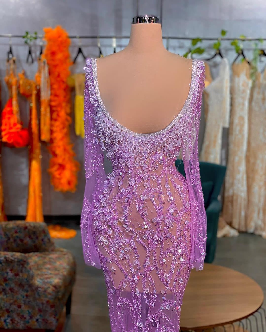 Prom Purple Long Sleeves V Neck Dias Appliques Shiny Sequins Beaded Or Length Celebrity Formal Hollow Sexy Evening Dresses Plus Size Custom Made Lz030