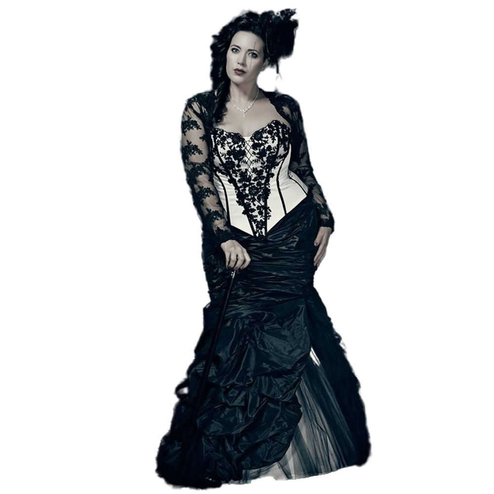 Gothic Black And White Corset Mermaid Wedding Dresses With Long Sleeve Lace Jacket Applique Vintage Victorian Bridal Gowns Plus Size Women Masquerade 