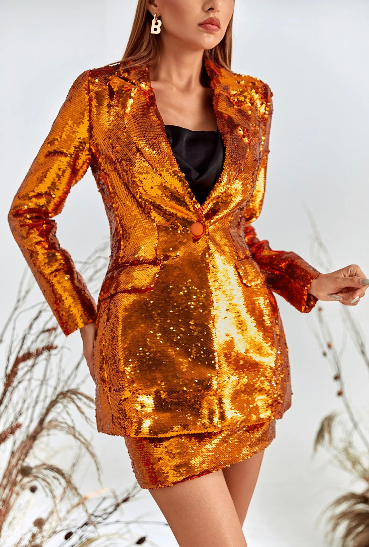 Sparkly Sequined Women Blazer Suits V Neck Evening Party Ladies Skirts Dressing For Wedding Loose Two Pieces