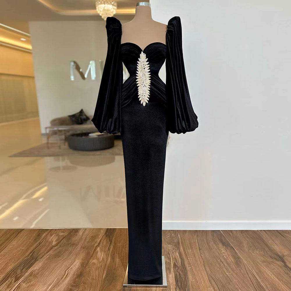 Black Prom Dresses Mermaid Long Sleeves Velvet Middle East Reception Party Dress African Evening Gowns
