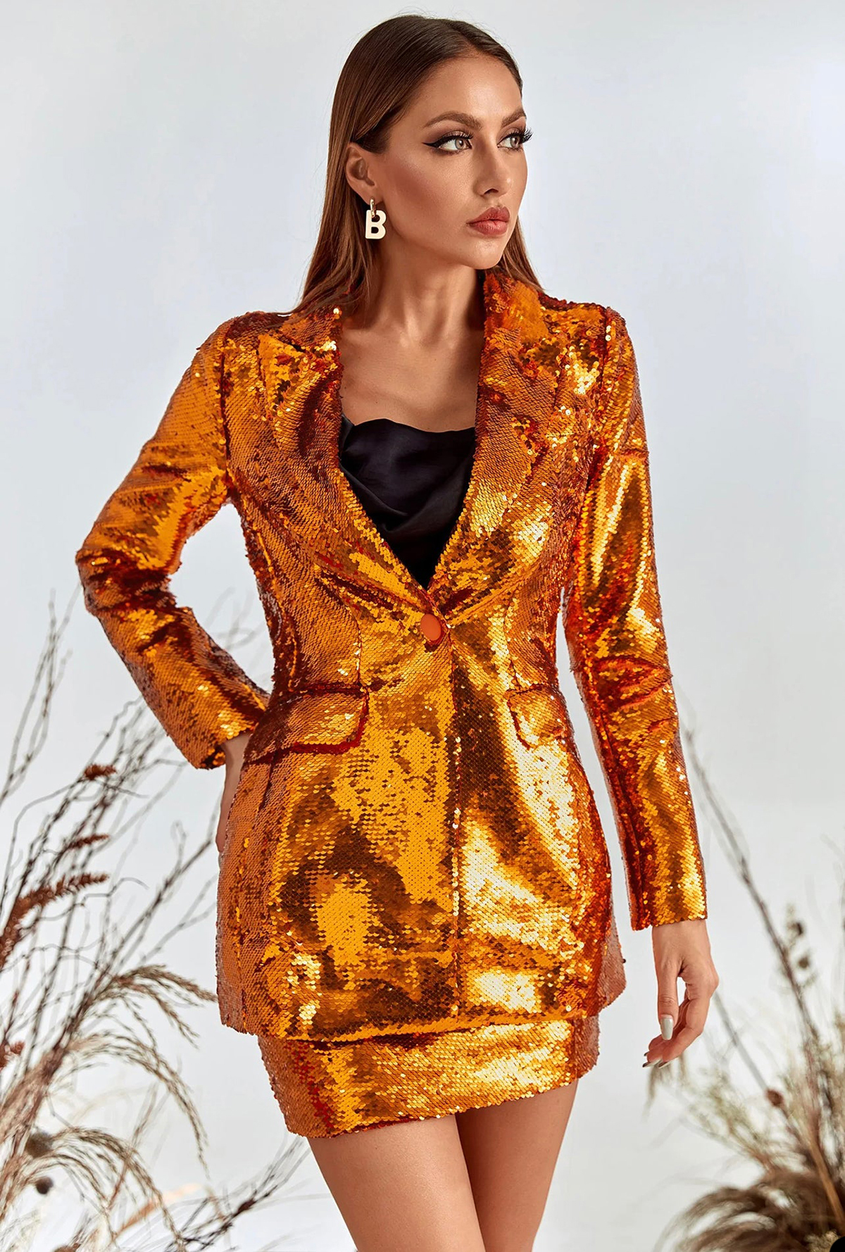 Sparkly Sequined Women Blazer Suits V Neck Evening Party Ladies Skirts Dressing For Wedding Loose Two Pieces