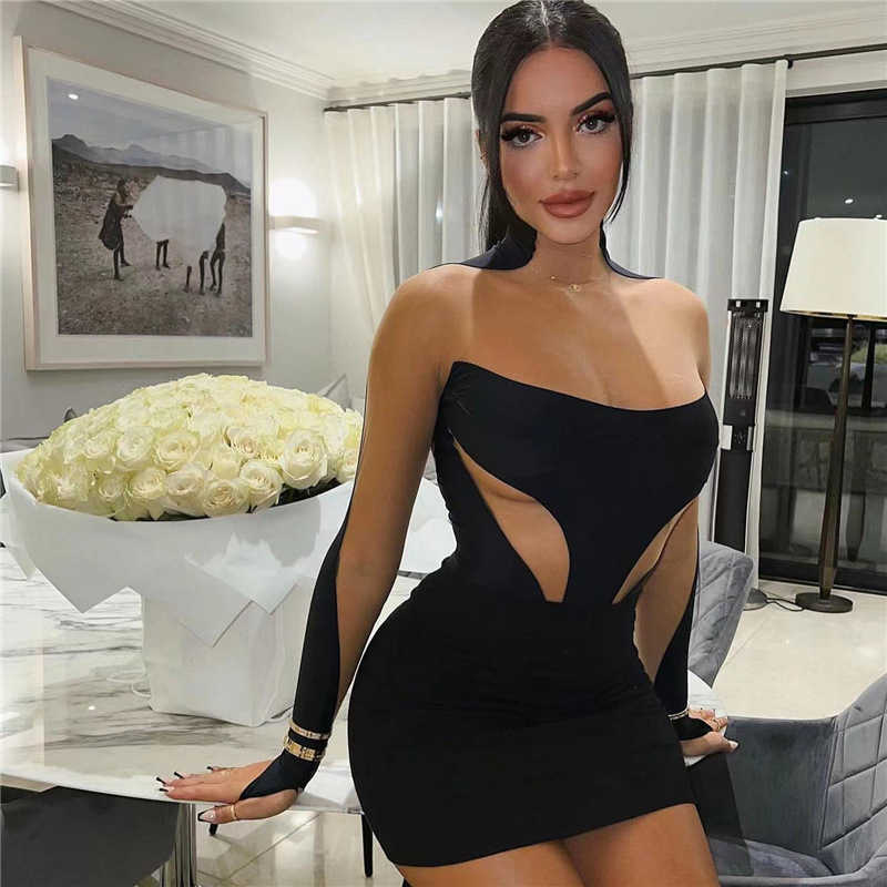New 2024 spring and summer new women's sexy perspective mesh stitching contrast buttocks dress women