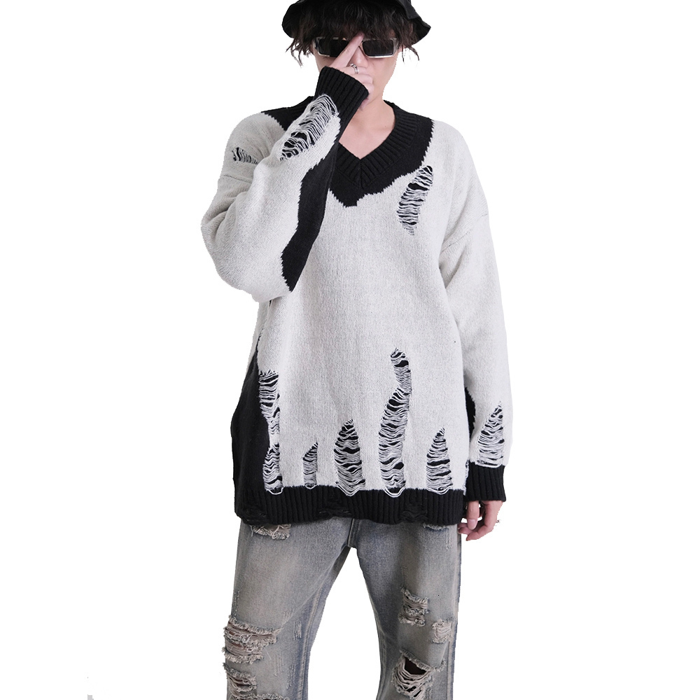 Men's Sweaters Black White Patchwork Pullovers Washed Destroyed Ripped Sweater Men Harajuku Hole Knit Jumpers for Women Oversized 230206