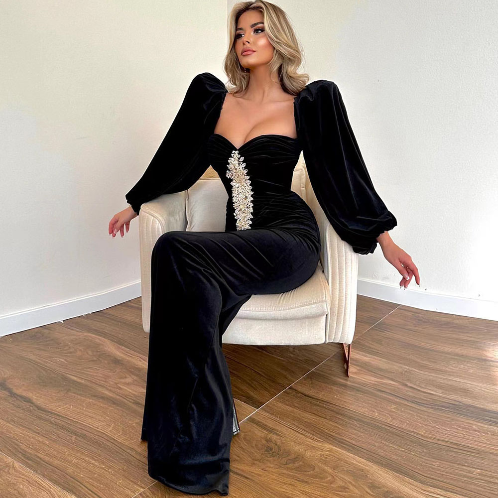 Black Prom Dresses Mermaid Long Sleeves Velvet Middle East Reception Party Dress African Evening Gowns