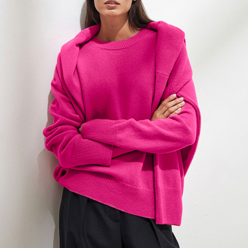 Women's Sweaters Shellsuning Leisure O Neck Solid Long Sleeve Sweater Women Loose Soft Cashmere Jumper Female Elegant Knitted Basic Pullovers 230