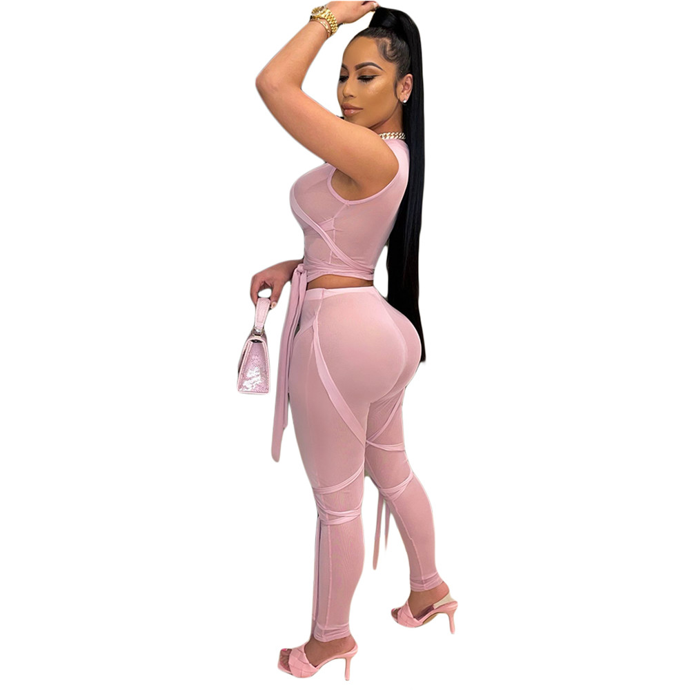 NEW Designer Outfits Women Mesh Tracksuits Two Piece Sets Summer Bandage Sheer Shirt Top and Mesh Leggings Sexy Night Club See Through Clothes 9226