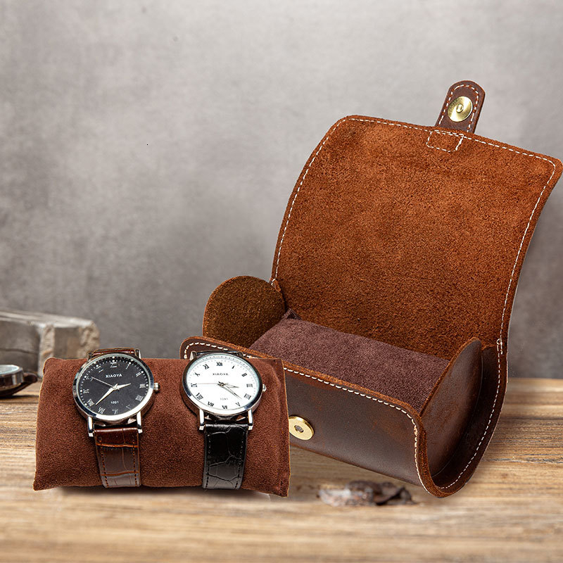 Watch Boxes Cases Crazy Horse Leather Watch Roll Case Portable Vintage Watch Case Watch Holder Travel Wrist Jewelry Storage Pouch Organizer 230206