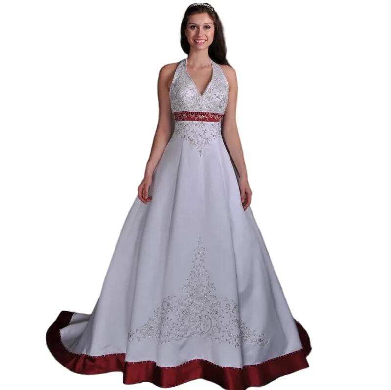 Vintage White Burgundy Stain a-line Wedding Dresses 2023 Retro Halter Beaded Embroidery Lace-up Corset Western Country Bridal Gowns