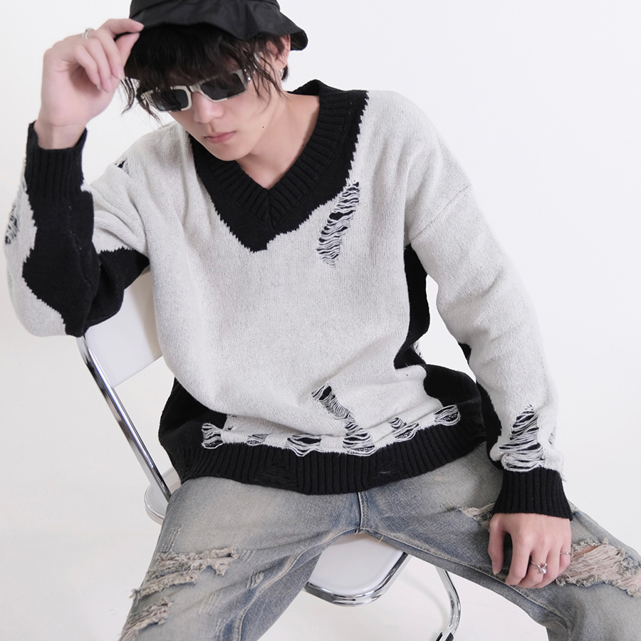 Men's Sweaters Black White Patchwork Pullovers Washed Destroyed Ripped Sweater Men Harajuku Hole Knit Jumpers for Women Oversized 230206