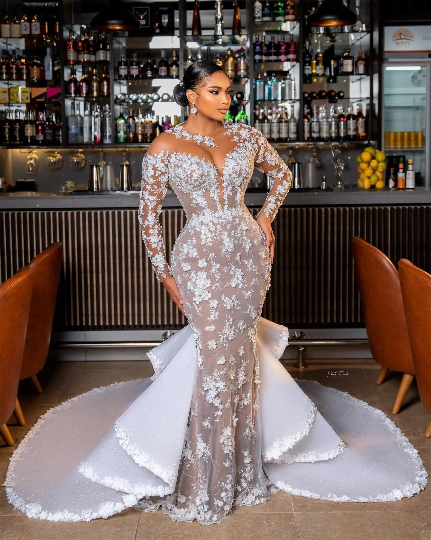 Illusion Mermaid Wedding Dress Tailored Lace Appliques Long Sleeve Bridal Gowns Ruffles Sweep Train Bride Dresses