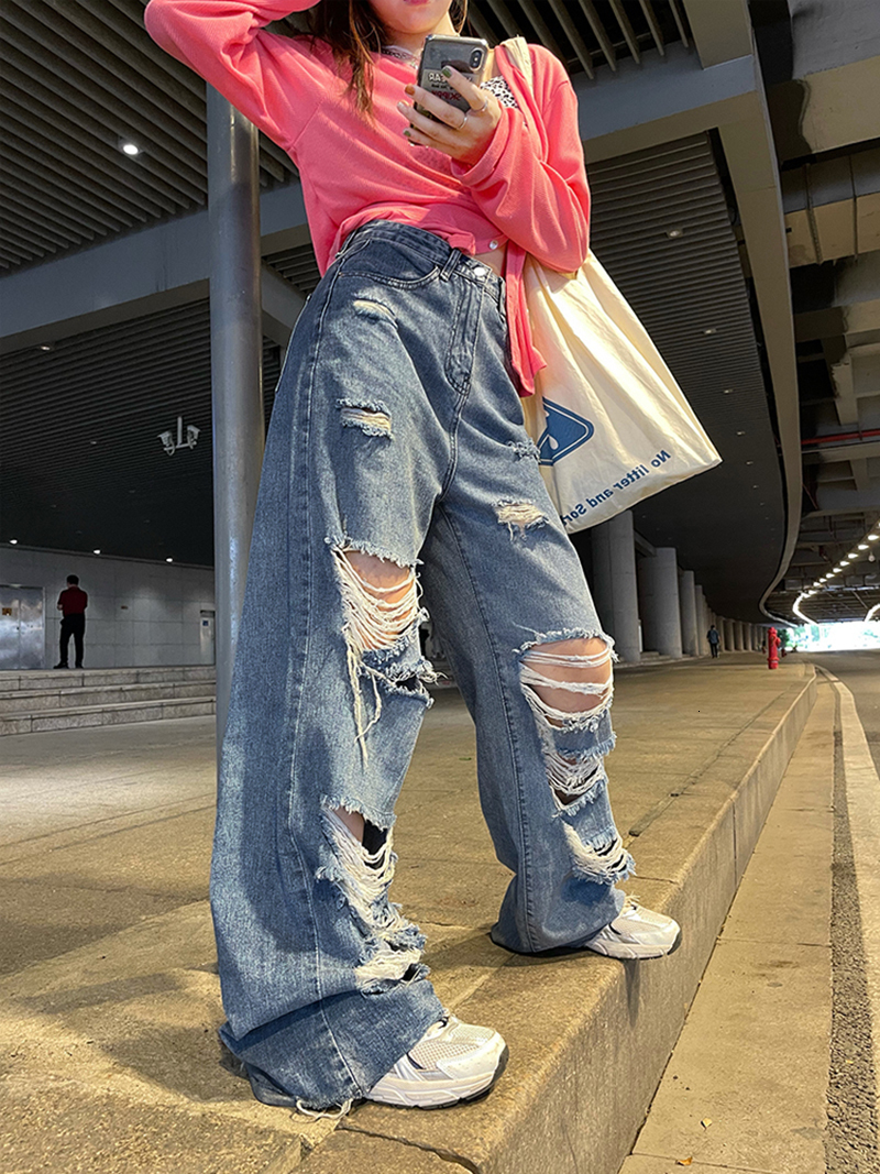 Women's Jeans REDDACHiC Beggar Style Women Ripped Mom Baggy Plus Size Straight Wide Leg Pants Korean Streetwear Loose Y2k Ladies Trouser 230206