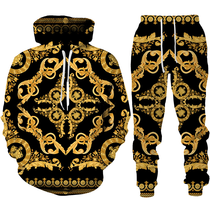 Men's Tracksuits Baroque Style 3D Printed Crown Golden Chain Hoodie/Pants/Suit Casual Men's Pullover Sweatshirt Trousers Sportswear Tracksui