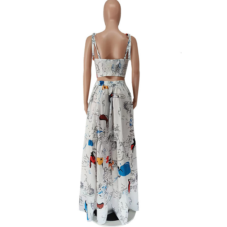 Casual Dresses CM YAYA Graffiti Print Women Big Swing Cape Ball Gown Maxi Long Skirt Suit and Crop Top Matching Two 2 Piece Set Chic Outfits 230105