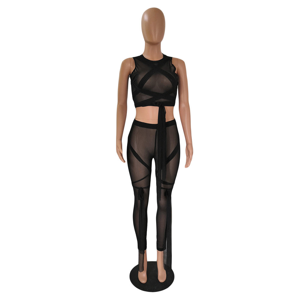 NEW Designer Outfits Women Mesh Tracksuits Two Piece Sets Summer Bandage Sheer Shirt Top and Mesh Leggings Sexy Night Club See Through Clothes 9226