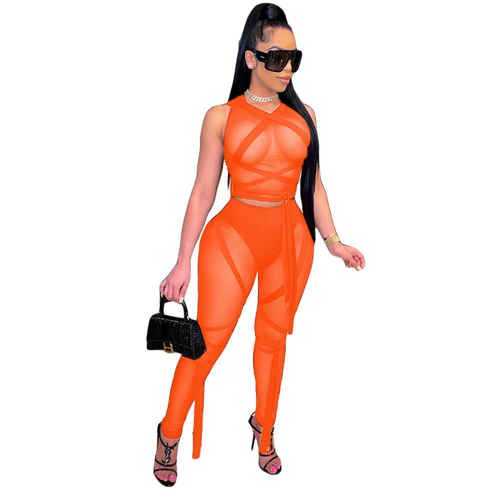NEW Designer Outfits Women Mesh Tracksuits Two Piece Sets Summer Bandage Sheer Shirt Top and Mesh Leggings Sexy Night Club See Through Clothes 9226