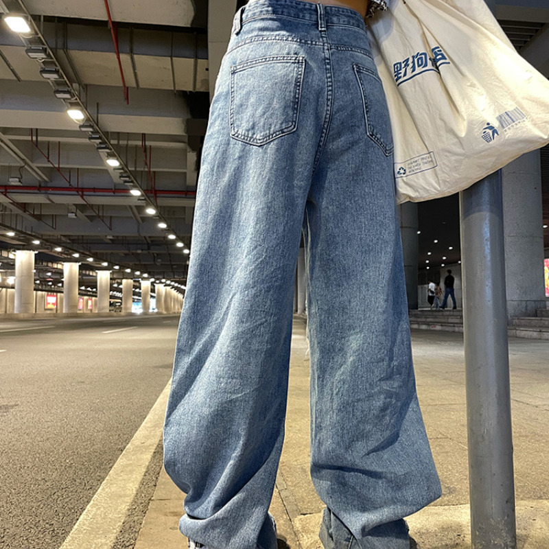 Women's Jeans Spring and Autumn street jeans Ripped High waisted baggy Wide leg Y2K hip hop pants Blue fashion 230206